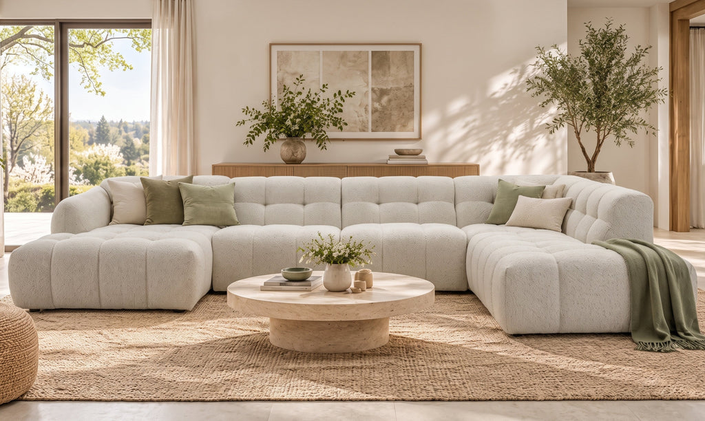 spring living room styling with cream boucle sofa