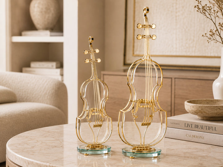 Edison Violin Figurine - Gold and Crystal Decorative Sculpture (Set of 2)