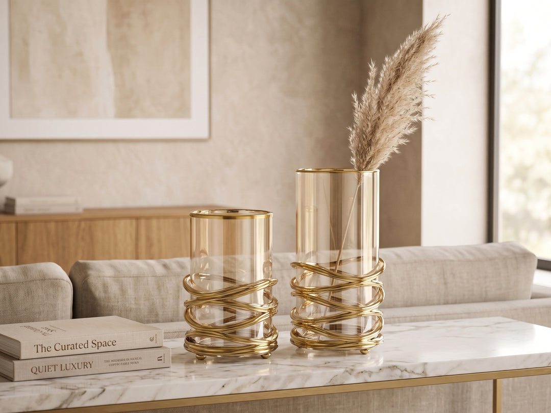 Hurricane Gold Coiled Wrap Decorative Glass Vase (Set of 2)