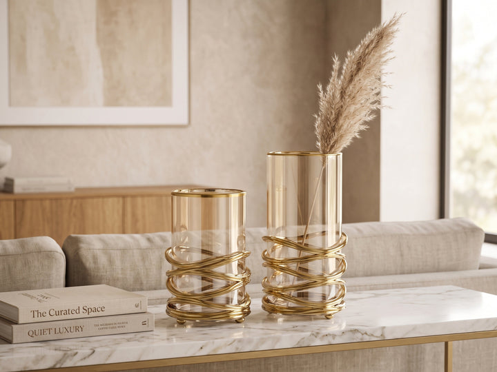 Hurricane Gold Coiled Wrap Decorative Glass Vase (Set of 2)