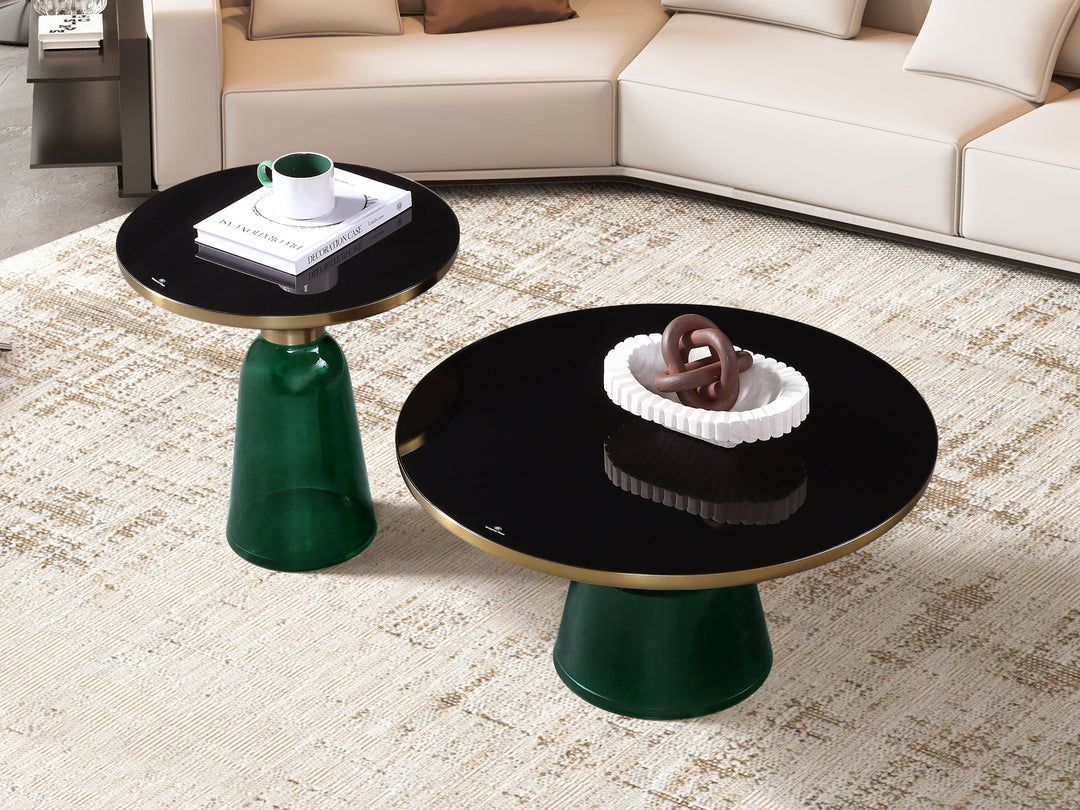 Bell Round Glass Coffee Table (GREEN) with Hand-Blown Glass Base (Set of 2)