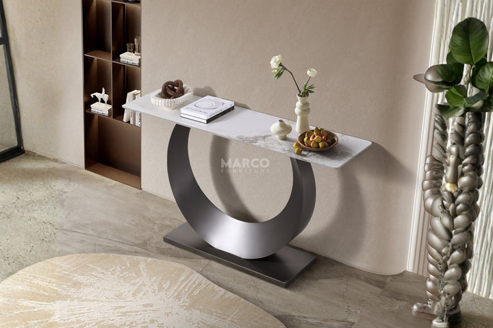 Moon Sintered Stone Top Console Table with Gold Base