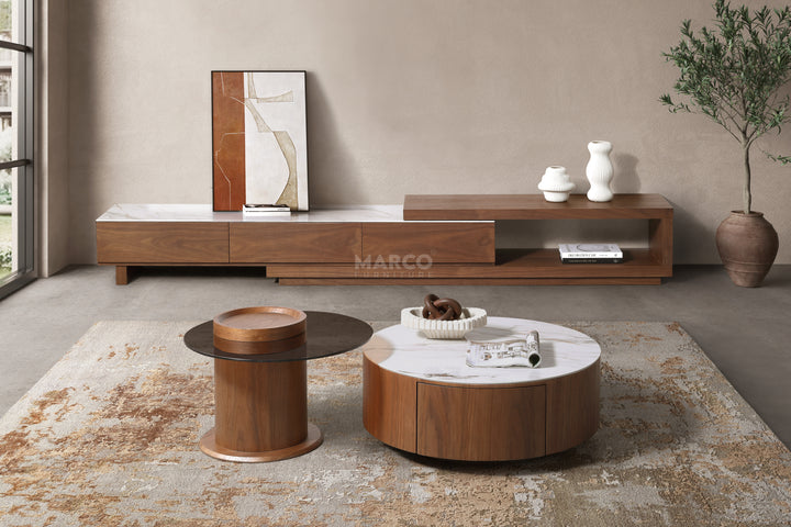 Bahamas Walnut & White Sintered Stone Extendable TV Unit