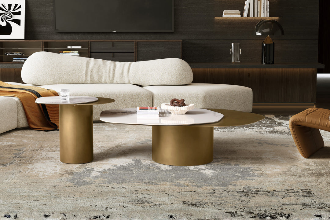 Capri Chanel Sintered Stone Modern Coffee Table - Gold Cylindrical Base