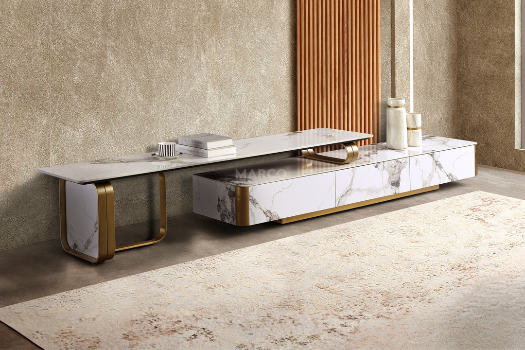Vittoria Extendable Sintered Stone TV Unit -  Gold Stainless Steel Base