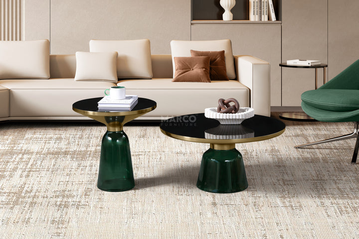 Bell Round Glass Coffee Table (GREEN) with Hand-Blown Glass Base (Set of 2)