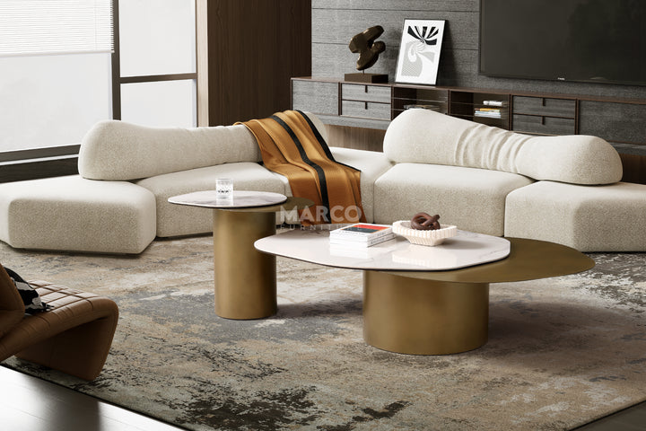 Capri Chanel Sintered Stone Modern Coffee Table - Gold Cylindrical Base