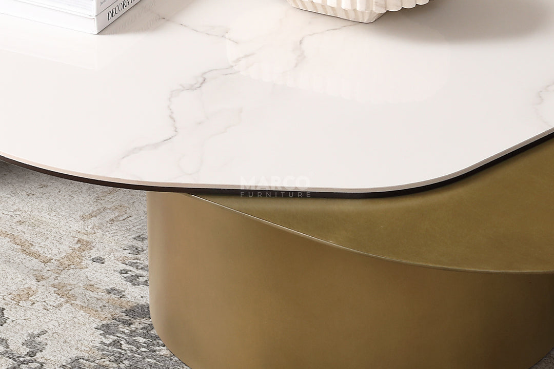 Capri Chanel Sintered Stone Modern Coffee Table - Gold Cylindrical Base