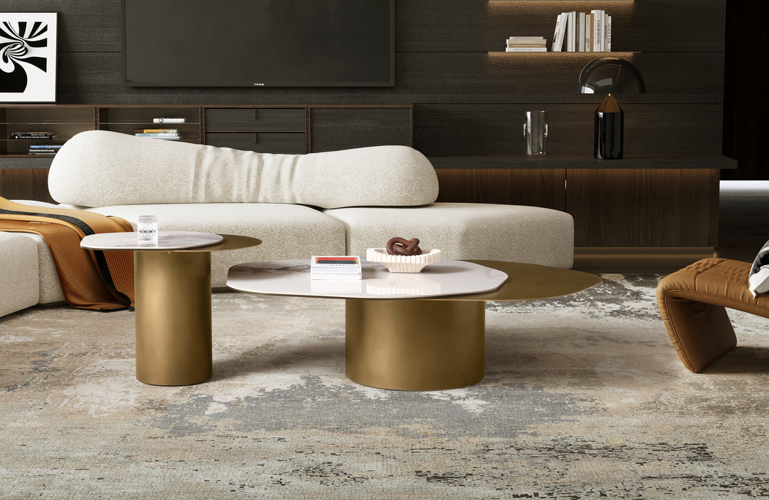 Capri Chanel Sintered Stone Modern Coffee Table - Gold Cylindrical Base