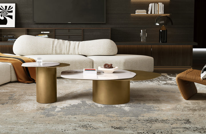 Capri Chanel Sintered Stone Modern Coffee Table - Gold Cylindrical Base