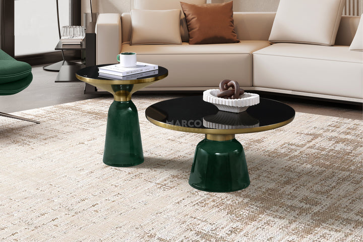 Bell Round Glass Coffee Table (GREEN) with Hand-Blown Glass Base (Set of 2)