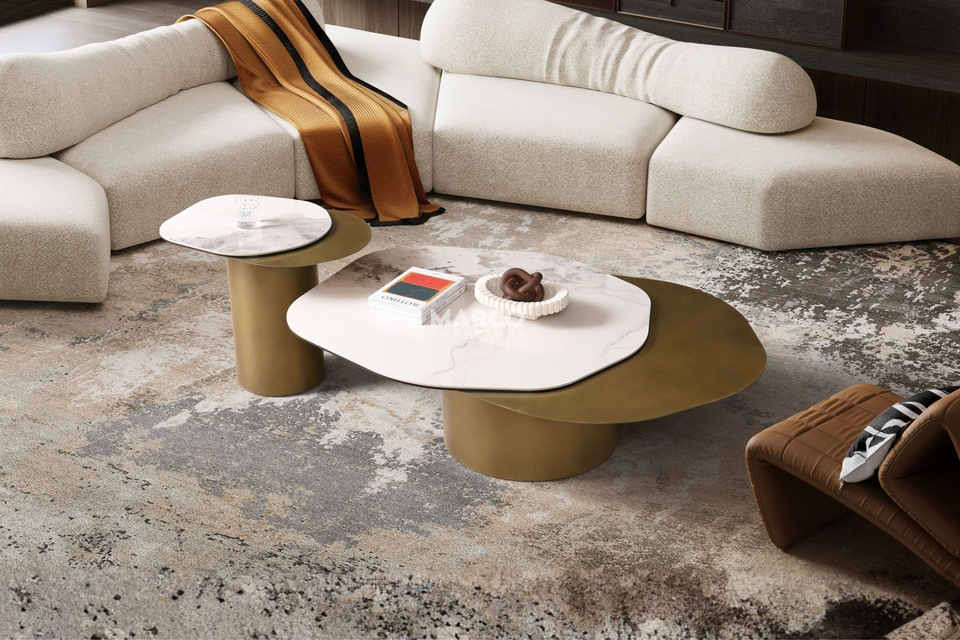 Capri Chanel Sintered Stone Modern Coffee Table - Gold Cylindrical Base