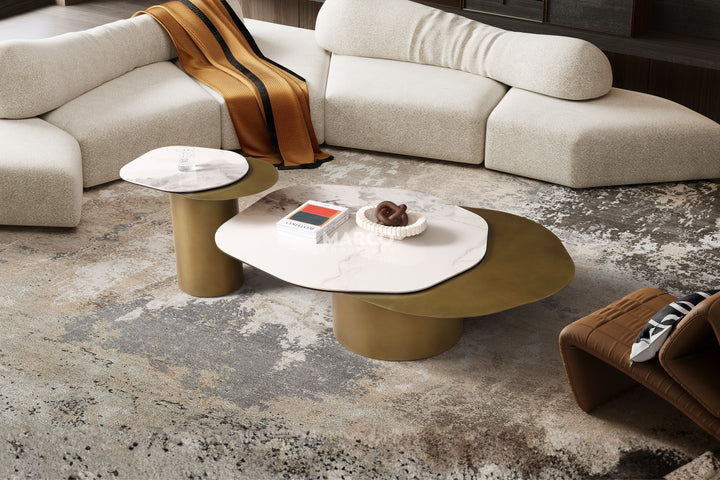 Capri Chanel Sintered Stone Modern Coffee Table - Gold Cylindrical Base