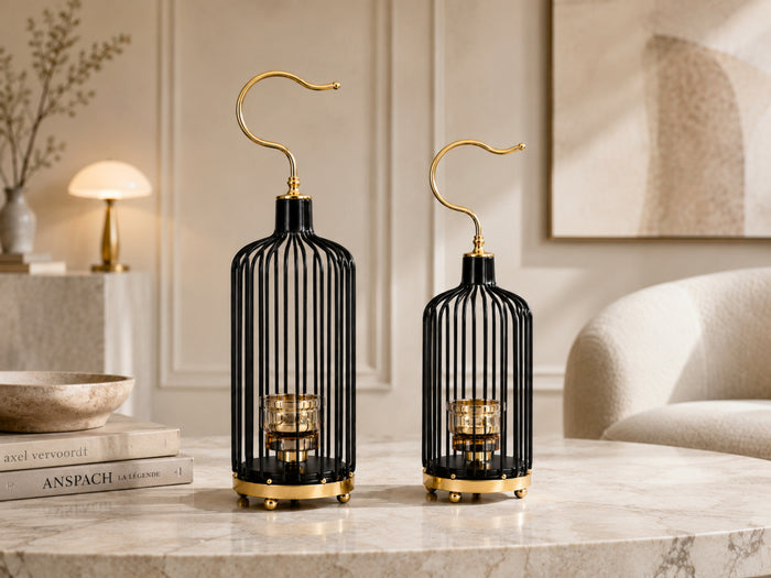 Amalfi Birdcage Candle Holder – Black & Gold Metal Lantern (Set of 2)