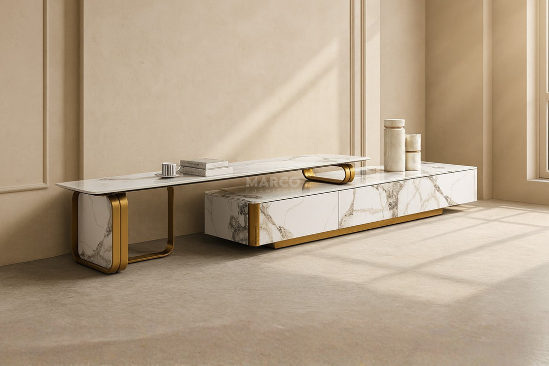 Vittoria Extendable Sintered Stone TV Unit -  Gold Stainless Steel Base