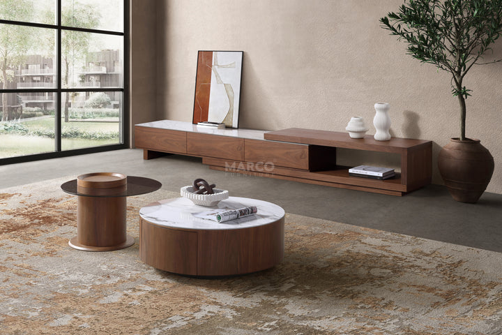 Bahamas Walnut & White Sintered Stone Extendable TV Unit