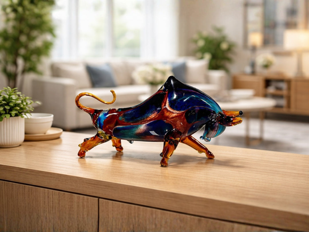 Bull Murano Style Glass Sculpture In Blue