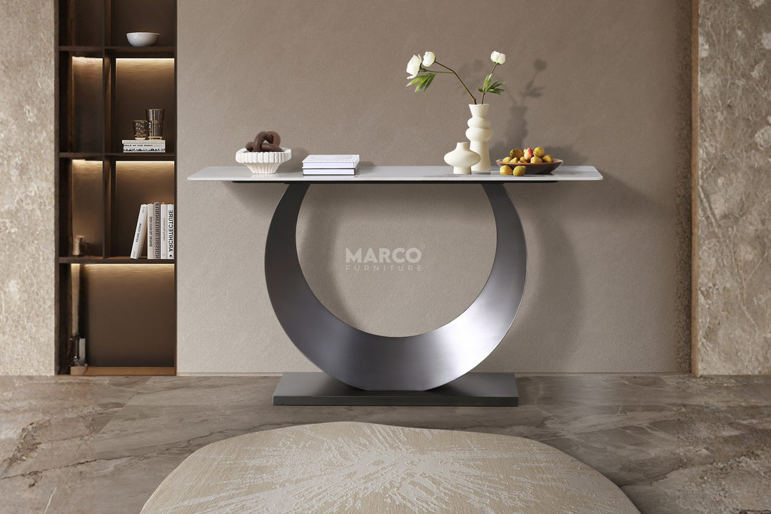 Moon Sintered Stone Top Console Table with Gold Base