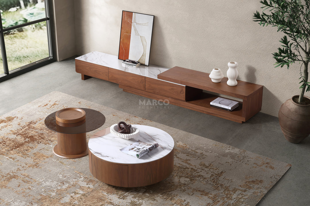 Bahamas Walnut & White Sintered Stone Extendable TV Unit