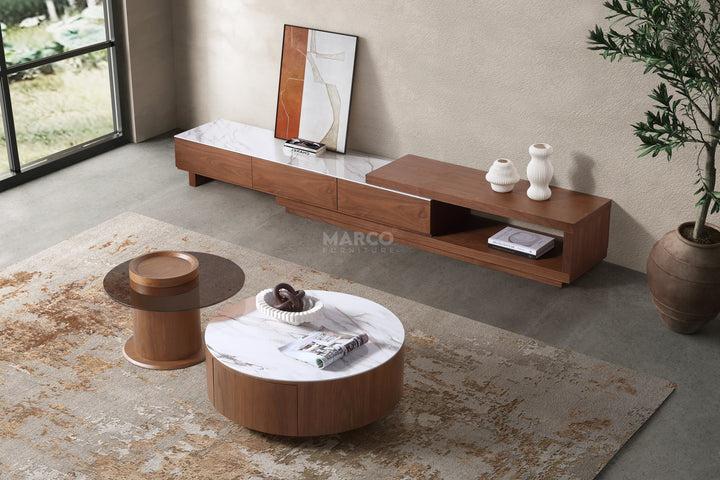 Bahamas Walnut & White Sintered Stone Extendable TV Unit