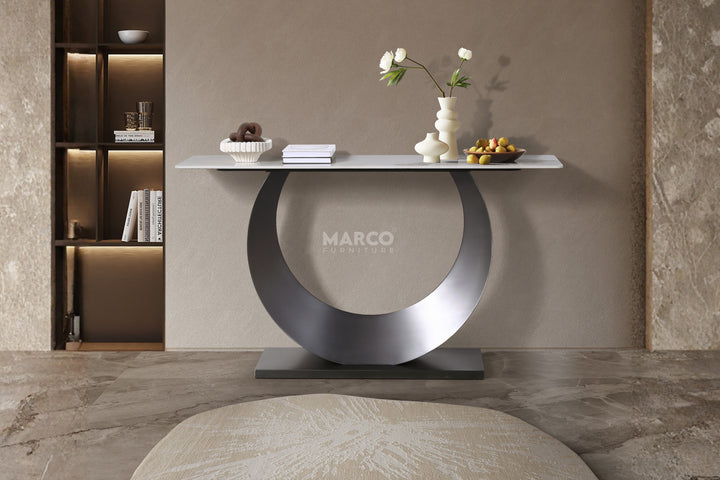 Moon Sintered Stone Top Console Table with Black Base