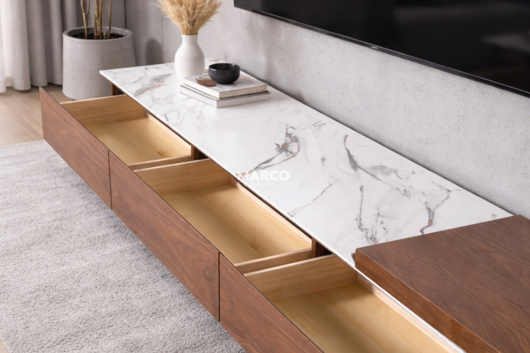 Bahamas Walnut & White Sintered Stone Extendable TV Unit