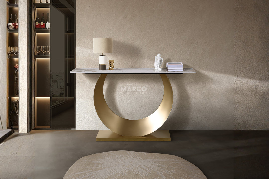 Moon Sintered Stone Top Console Table with Gold Base