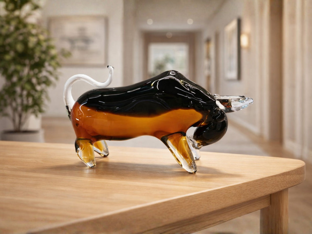 Amber Hand-Blown Glass Bull Sculpture