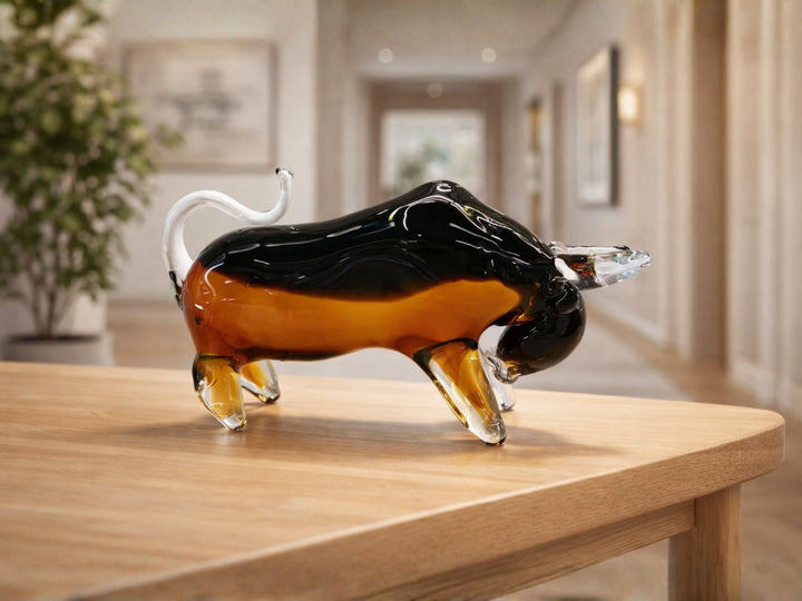 Amber Hand-Blown Glass Bull Sculpture