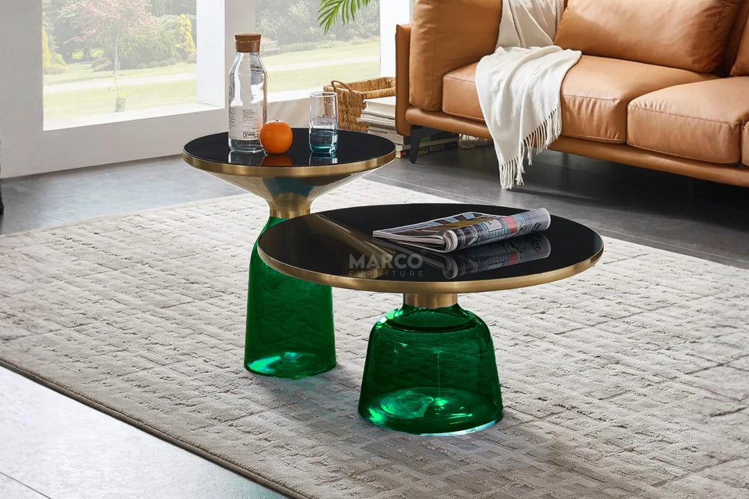 Bell Round Glass Coffee Table (GREEN) with Hand-Blown Glass Base (Set of 2)
