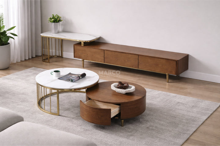 Earl Extendable TV Unit with Stainless Steel Gold Legs