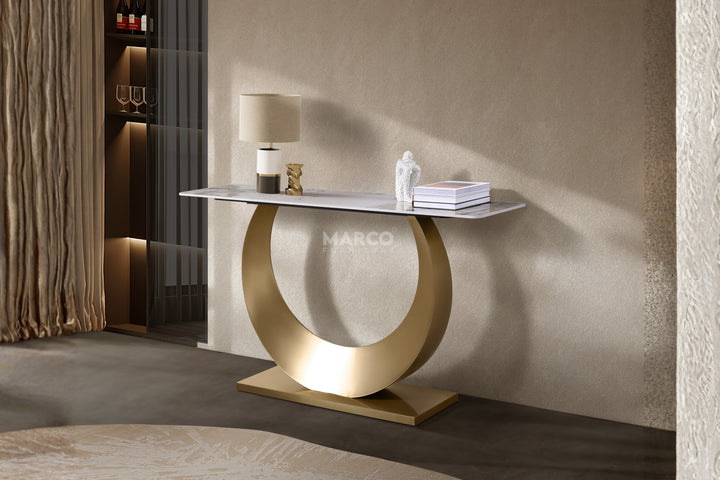 Moon Sintered Stone Top Console Table with Gold Base