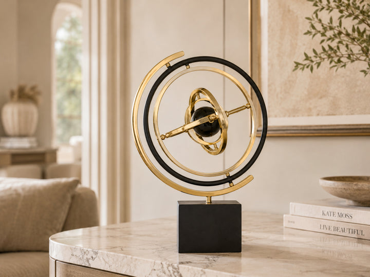 Cosmos Armillary Sphere Sculpture – Gold & Marble Orbital Ornament