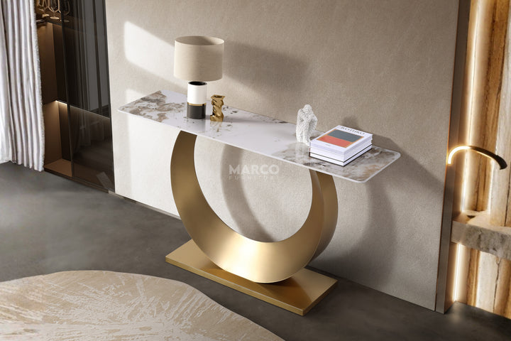 Moon Sintered Stone Top Console Table with Gold Base