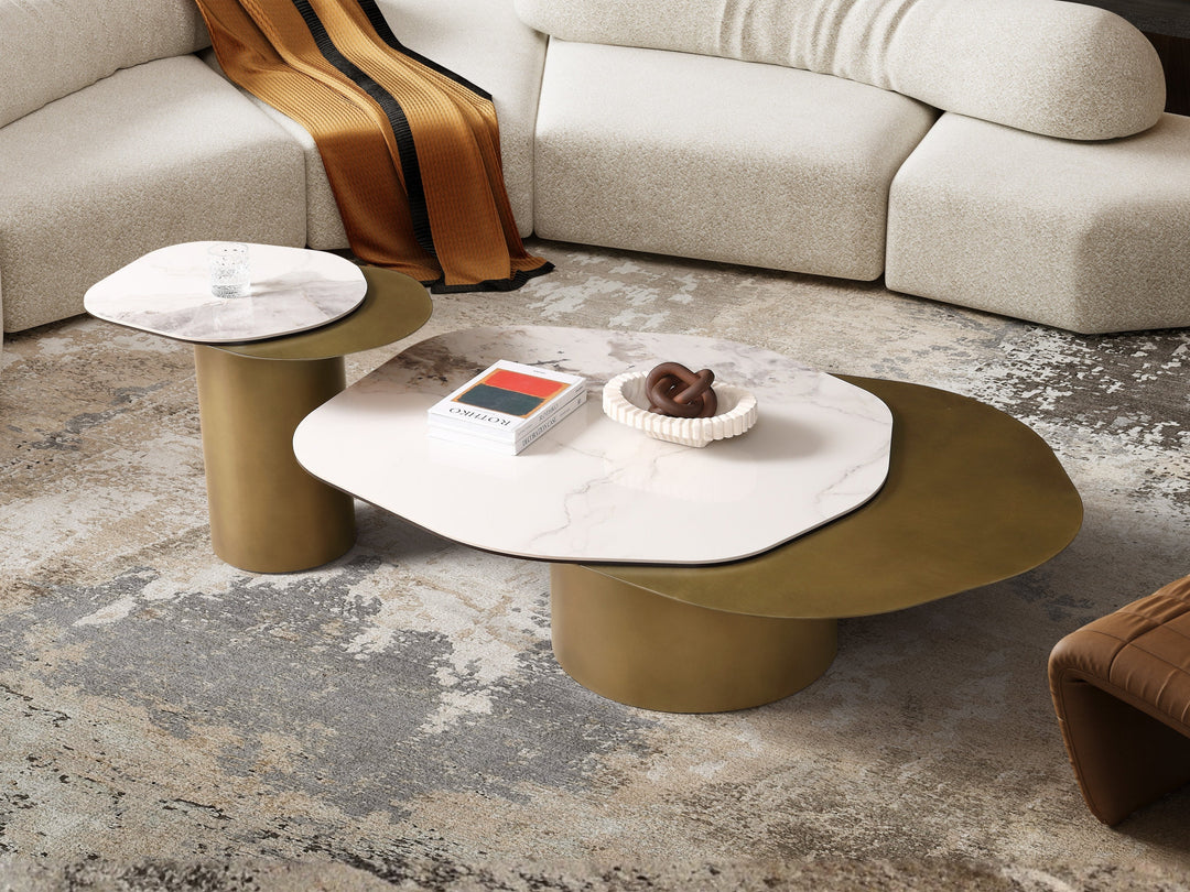 Capri Chanel Sintered Stone Modern Coffee Table - Gold Cylindrical Base
