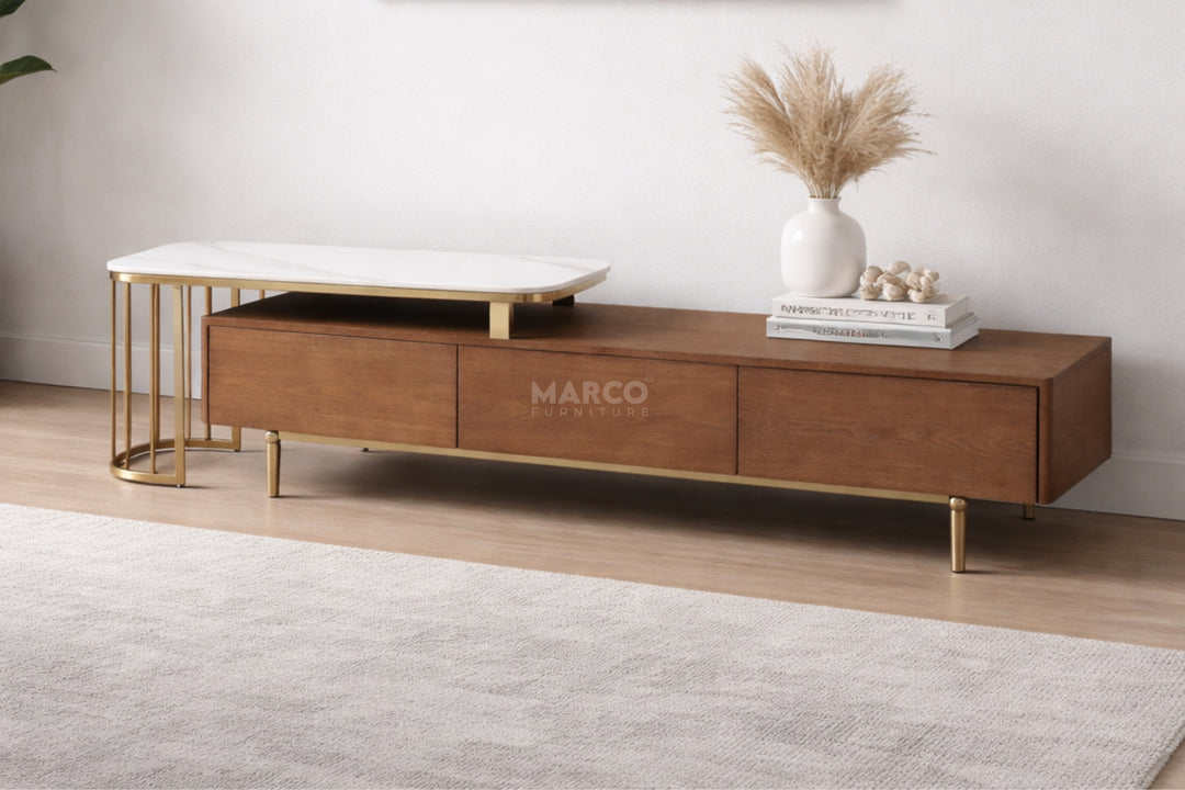 Earl Extendable TV Unit with Stainless Steel Gold Legs