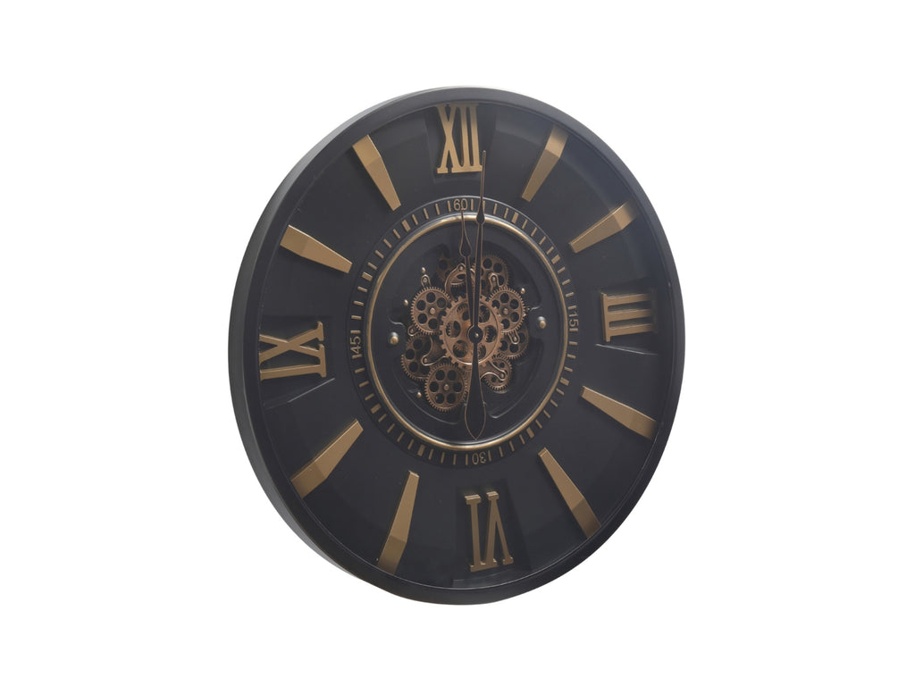 Decorative wall clock with black face and gold Roman numerals on a white background