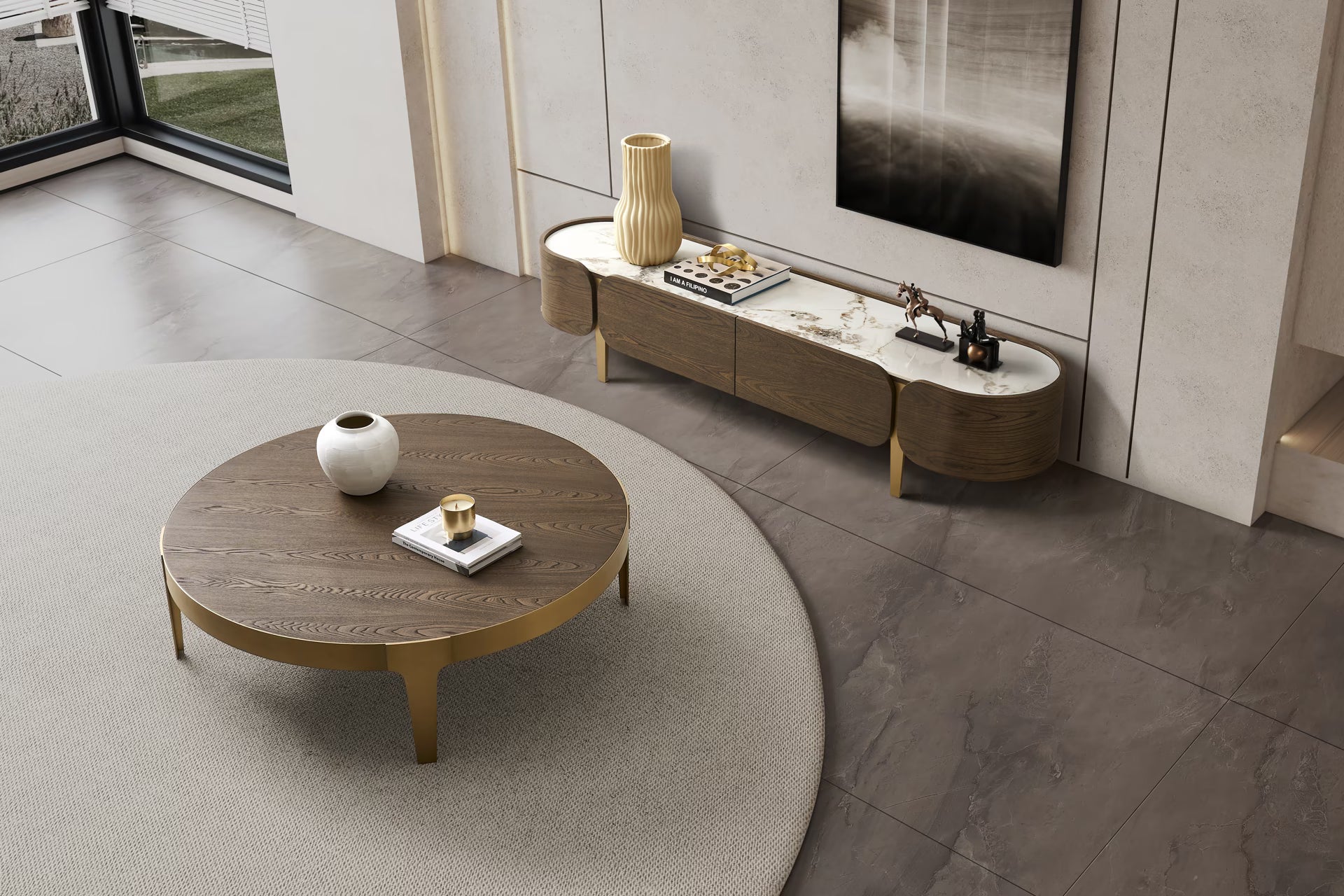 Modern living room with a round wooden coffee table and a large flat-screen TV on the wall.