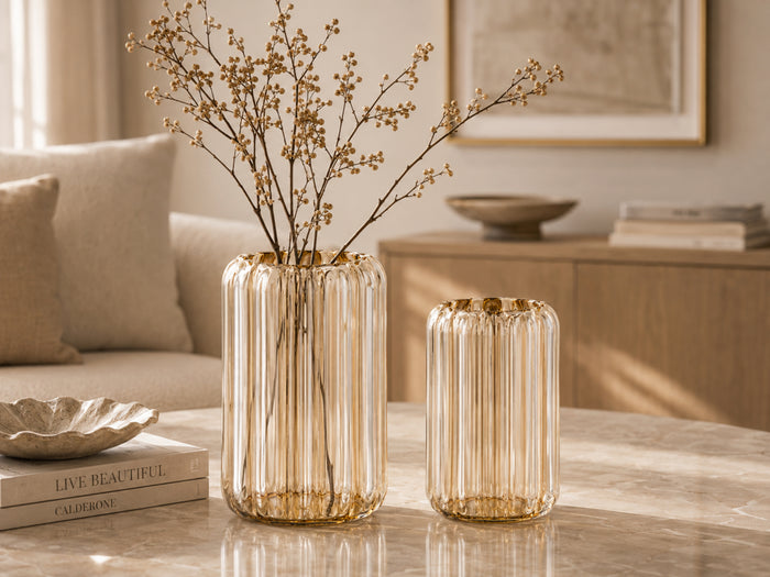 Aurelia Ribbed Glass Vase - Amber Fluted Decorative Vase (Set of 2)