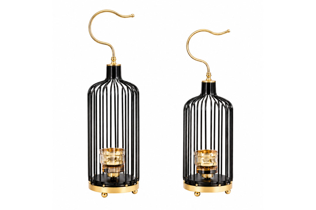 Amalfi Birdcage Candle Holder – Black & Gold Metal Lantern (Set of 2)