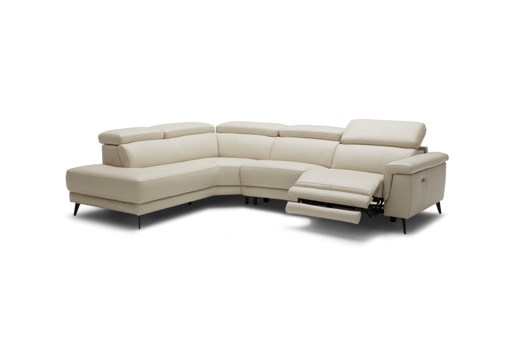 Beige sectional sofa with recliner on a white background