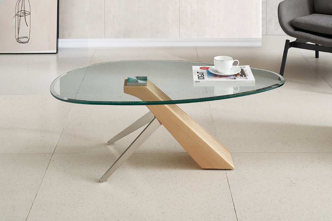 Arco Glass Coffee Table with Ash Wood Base and 12mm Tempered Glass Top