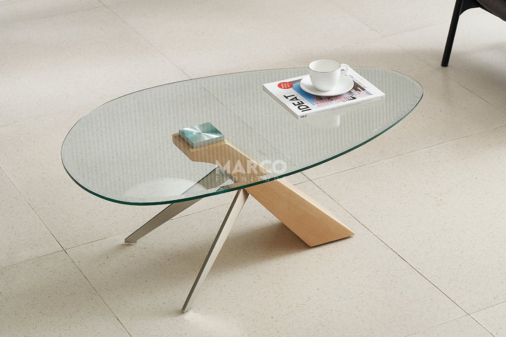 Arco Glass Coffee Table with Ash Wood Base and 12mm Tempered Glass Top