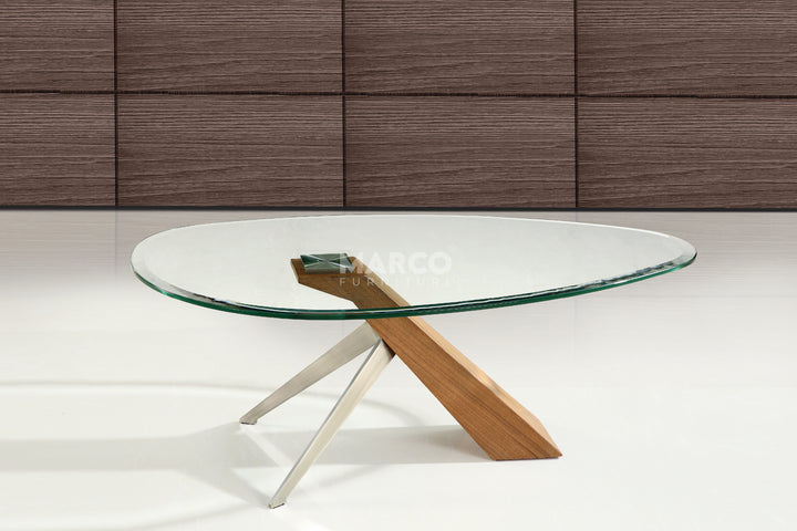 Arco Glass Coffee Table with Ash Wood Base and 12mm Tempered Glass Top
