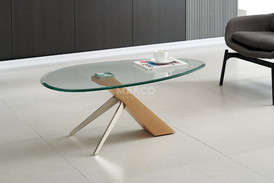 Arco Glass Coffee Table with Ash Wood Base and 12mm Tempered Glass Top