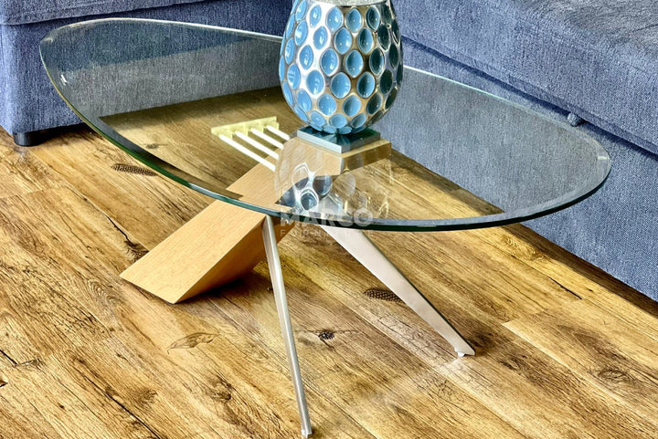 Arco Glass Coffee Table with Ash Wood Base and 12mm Tempered Glass Top