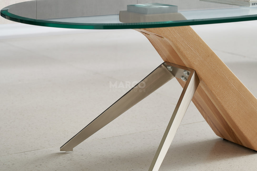 Arco Glass Coffee Table with Ash Wood Base and 12mm Tempered Glass Top