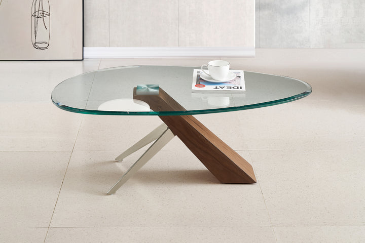 Arco Glass Coffee Table in Walnut Color with 12mm Tempered Glass Top