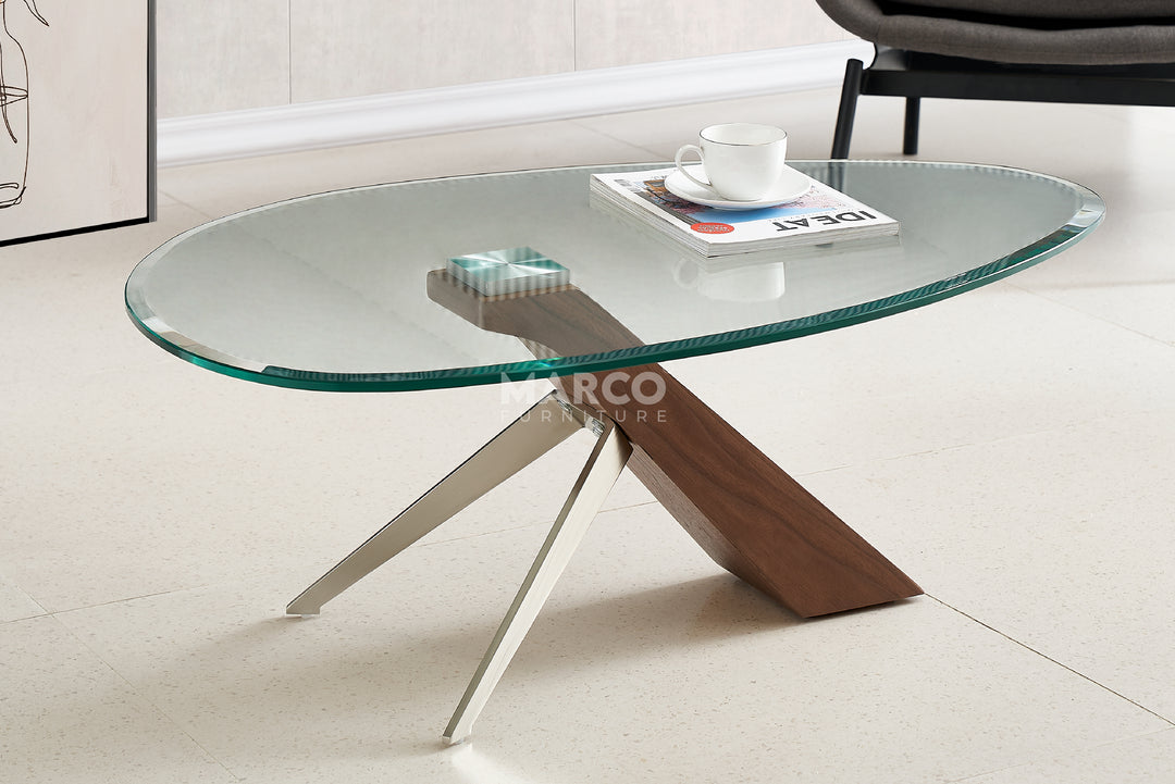 Arco Glass Coffee Table in Walnut Color with 12mm Tempered Glass Top