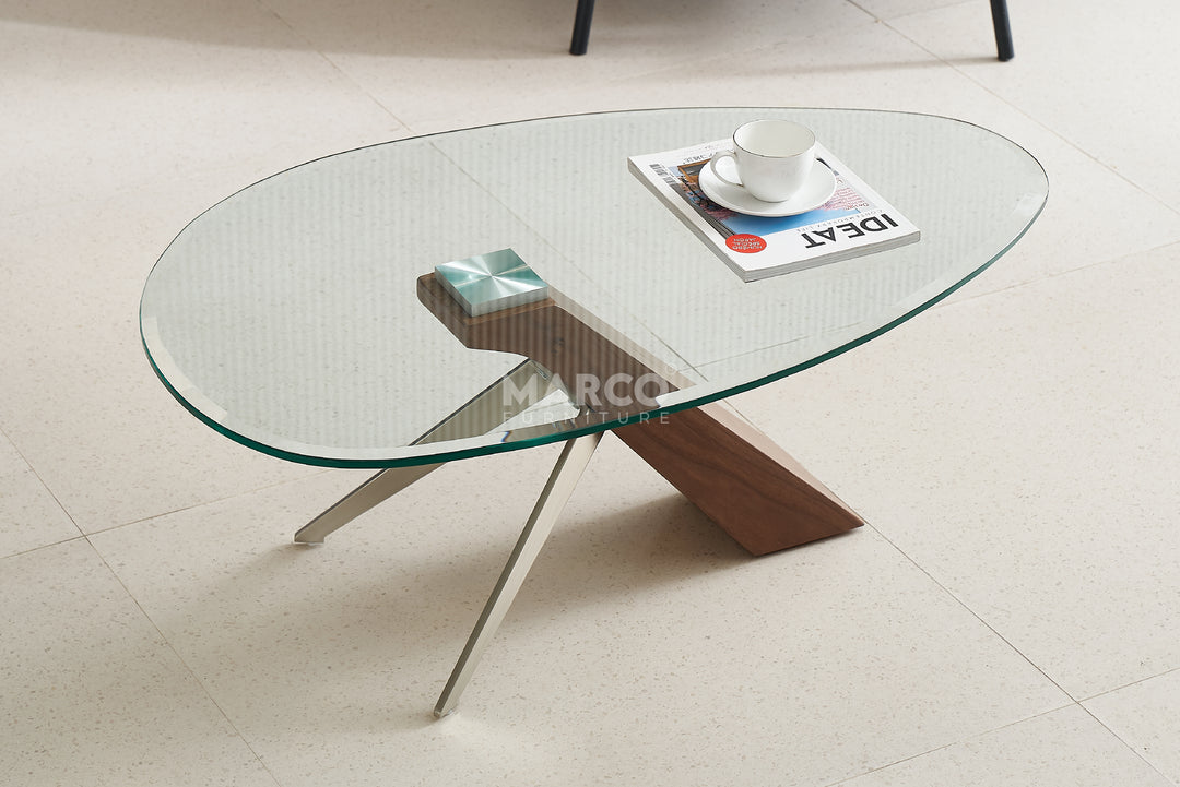 Arco Glass Coffee Table in Walnut Color with 12mm Tempered Glass Top